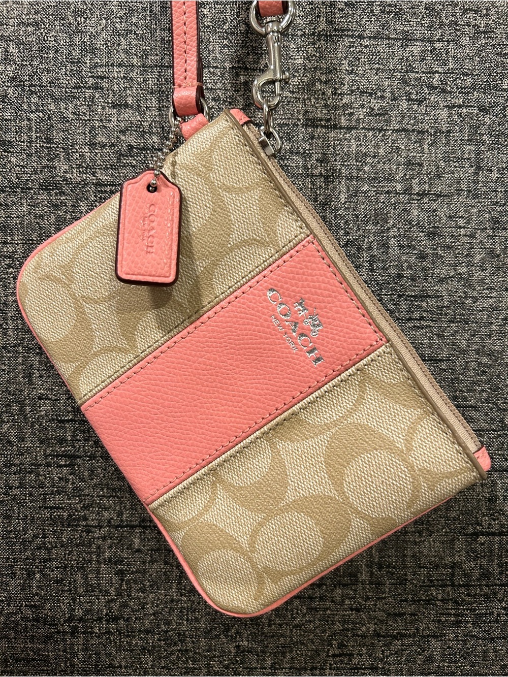 Coach Beige Signature Canvas Wristlet with Coral Leather Accent
